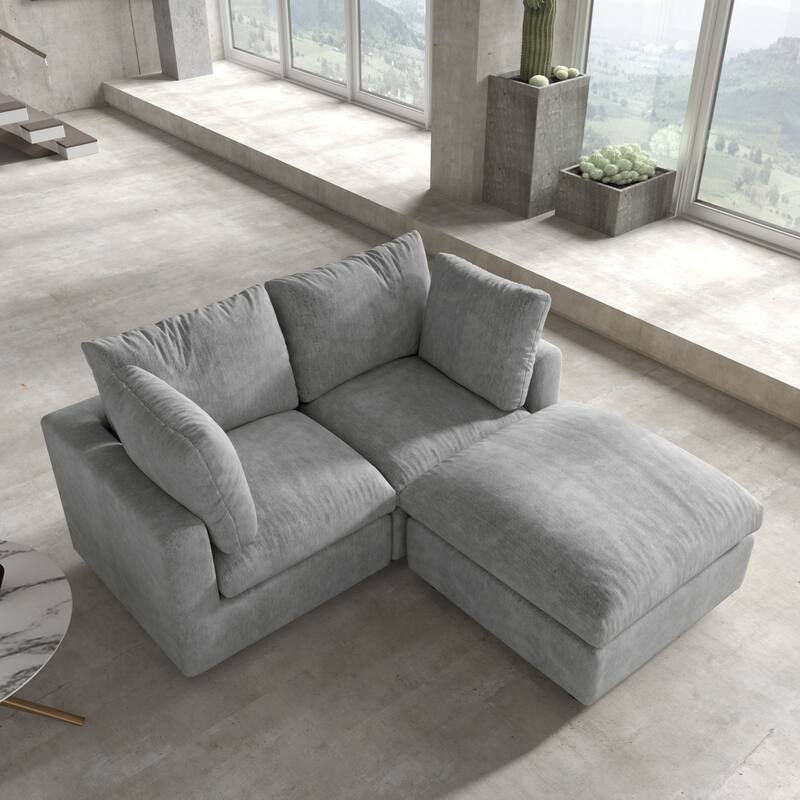 Modern Loveseat Couch with Ottoman Chenille Modular Sectional Sofa Removable Cover, Spring Cushions, Solid Wood Frame
