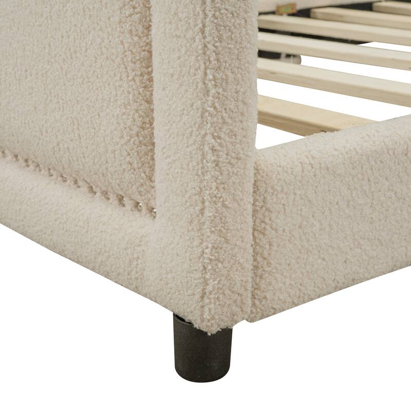Upholstered Twin Daybed Frame for Kids, Teddy Fleece Bed w/ OX Horn