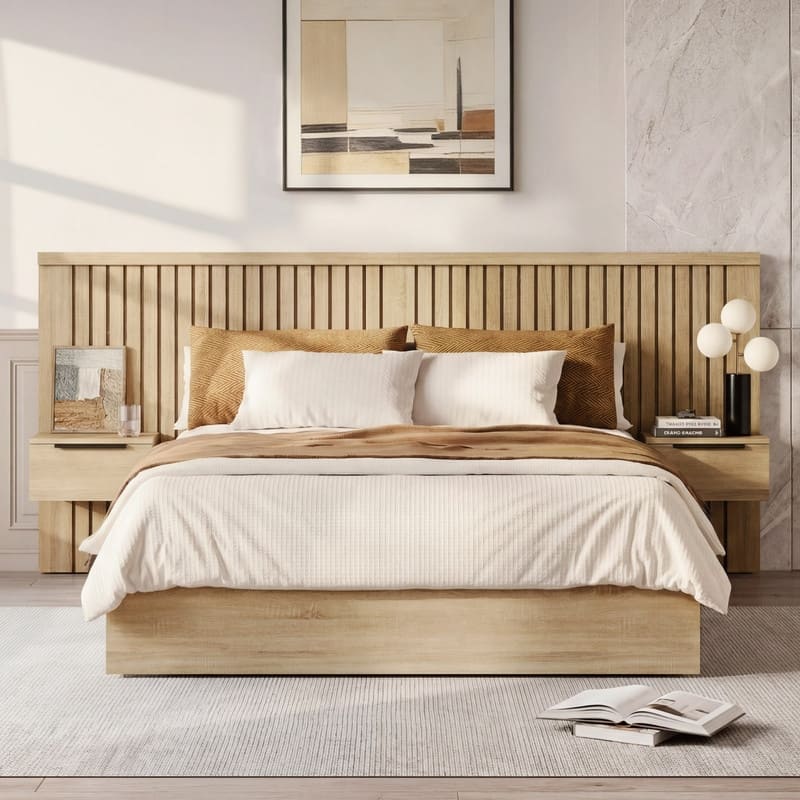 Spruce & Spring Modern Fluted Wood Platform Bed with Integrated Nightstands