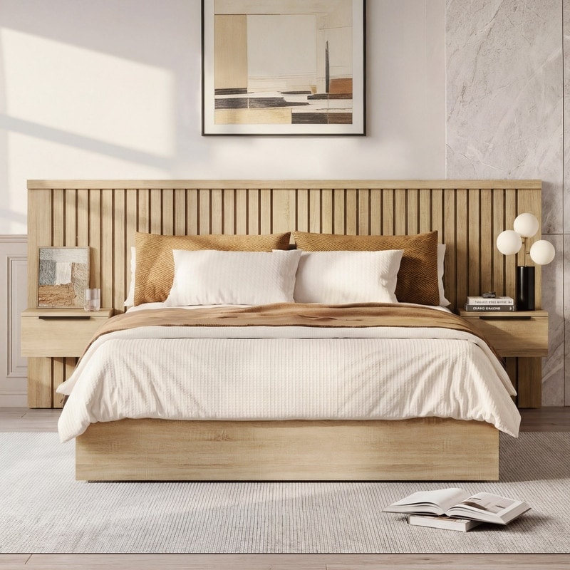 Spruce & Spring Modern Fluted Wood Platform Bed with Integrated Nightstands