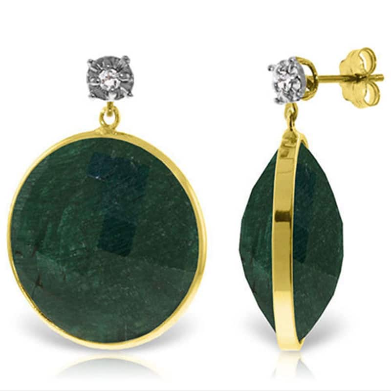 14K Solid Gold Diamonds Stud Earrings w/ Round Emerald Color Corundum - Yellow