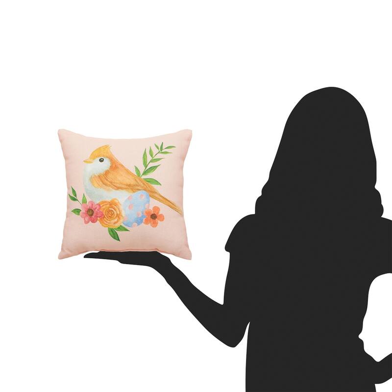 10" x 10" Pink Floral Bird Woven Small/Petite Spring Easter Themed Accent Pillow