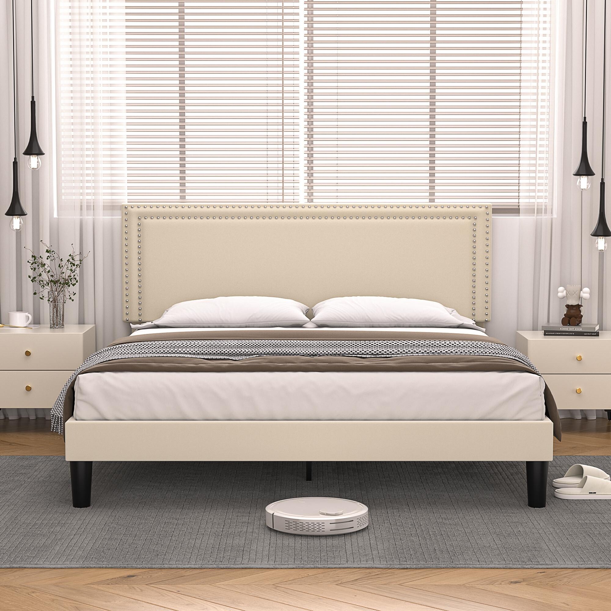 VECELO Queen Size Bed Height Adjustable Upholstered Bed Frame