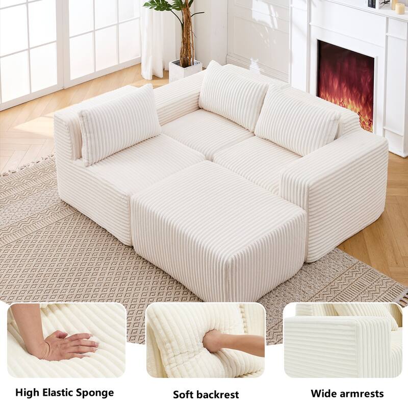 L-Shape Sectional Sofa with Ottoman, Fabric Upholstered Floor Cloud Couch, Modular Corner 3 Seat Sofa with Deep Seat