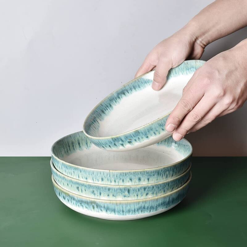 Stoneware Large Pasta Bowls, 40 Oz, Set of 4, Big Salad Bowls, Microwave and Dishwasher Safe (Light Turquoise Green, 9.3 in)