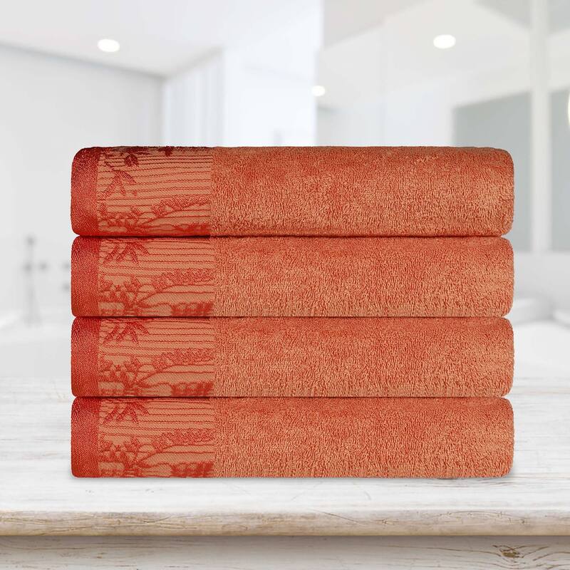 Superior Wisteria Cotton Floral Jacquard Border Bath Towel Set - Mandarian
