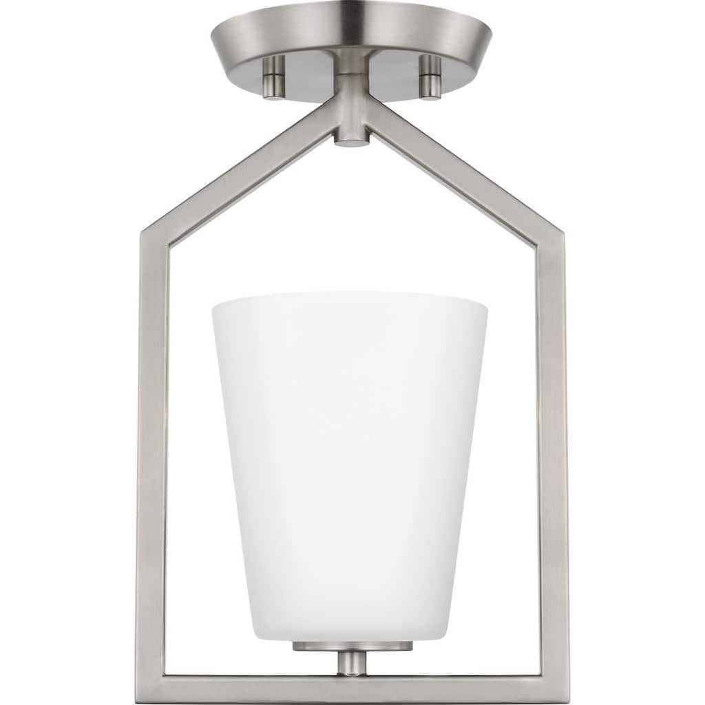 Vertex Collection One-Light Brushed Nickel Etched White Contemporary Semi-Flush Mount - 7.37 in x 5 in x 11.62 in