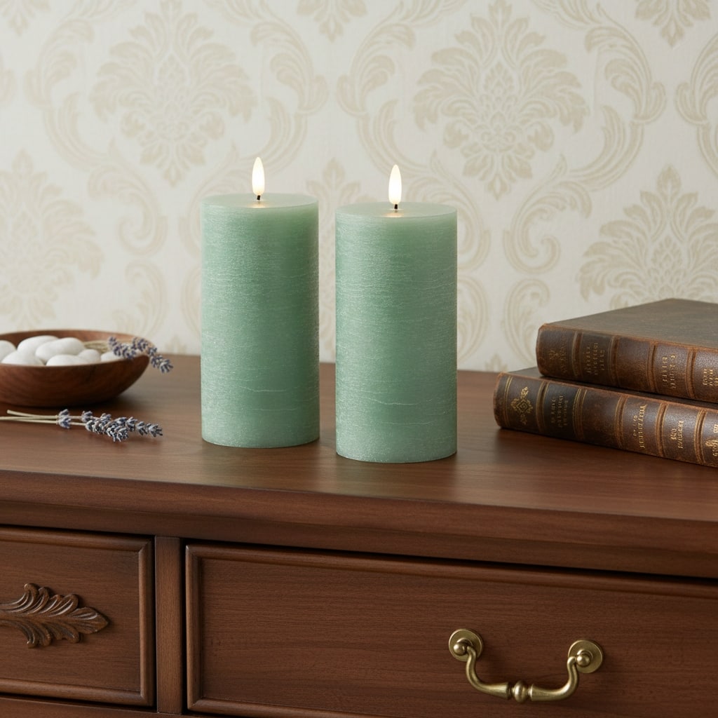 Set of Two Green Flameless Pillar Candles