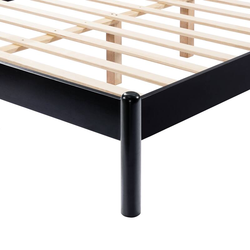 Full Size Wood Platform Bed with Soft Headboard, Grey and Black Frame