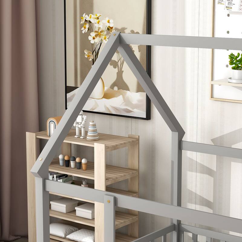 Full Size Floor Wooden Bed with House Roof Frame, Fence Guardrails, NO Box Spring Required, Easy Assembly