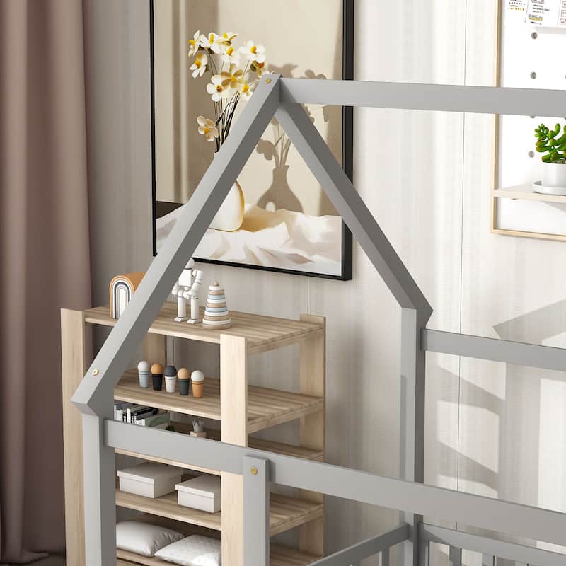 Grey Full Pine Floor Bed with Roof Frame and Fence Guardrails