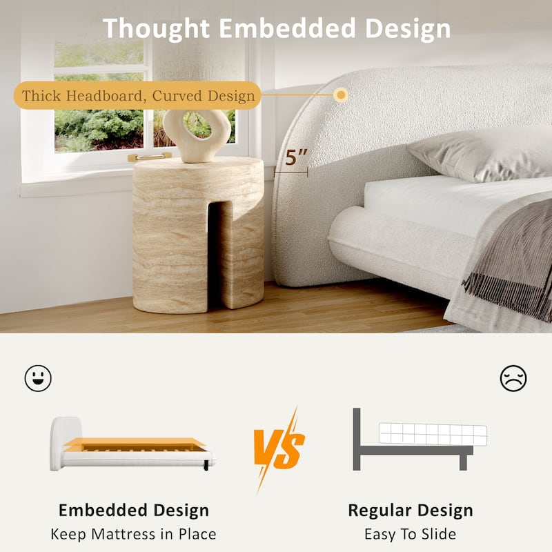 Roomfitters King Size Upholstered Platform Bed Frame with Boucle Fabric, Modern Curved Headboard, White