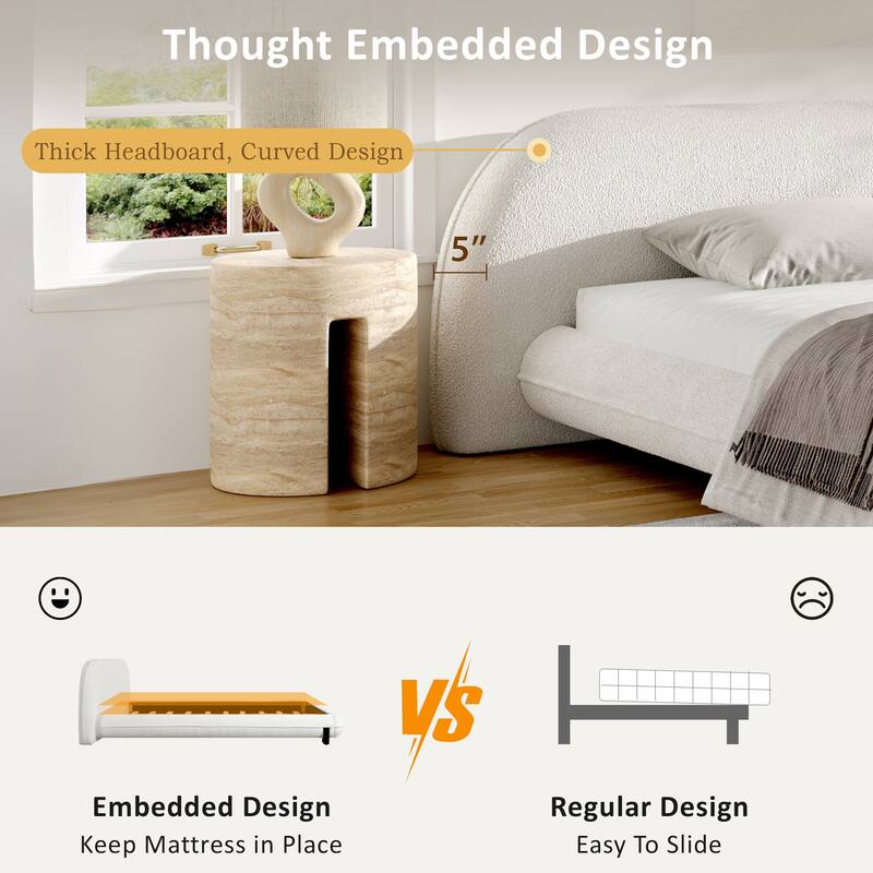Upholstered Bed with Thick Headboard, Boucle Fabric Platform Bed Frame with Steel Legs, Wooden Slat Support