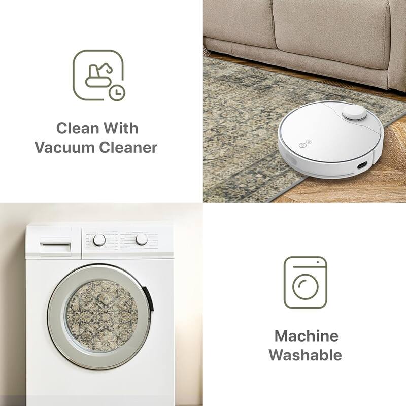 Mcow Floral Faded Low Pile Machine Washable Non-Slip Area Rug