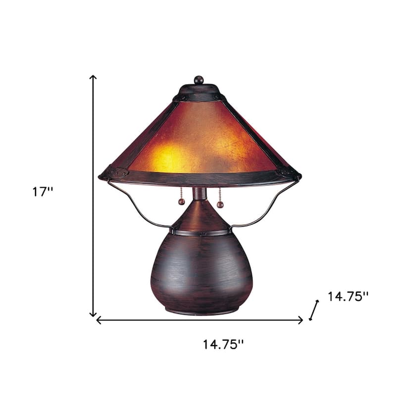 17" Round Rust Metal Table Lamp with Amber Empire Mica Shade and Rotary Socket for Bedroom or Living Room