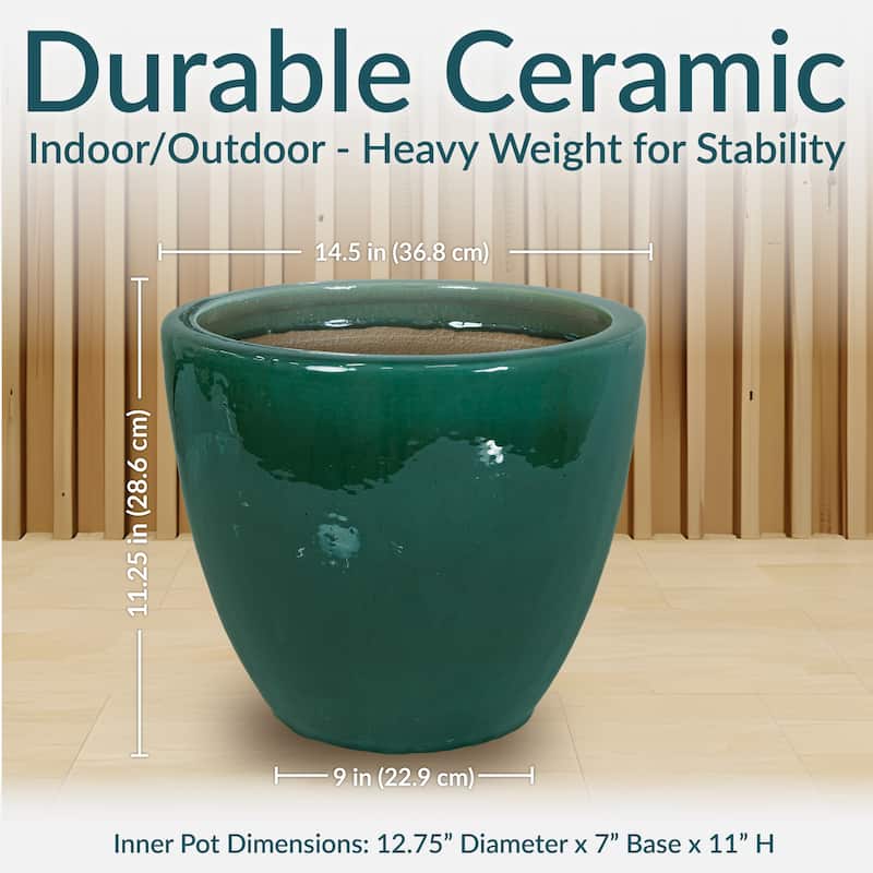 Sunnydaze Resort Glazed Ceramic Planter - 14.5" - Dark Green