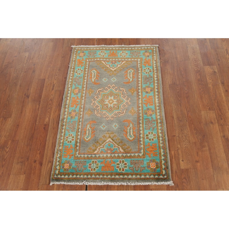 Gray Geometric Kazak Accent Rug Hand-Knotted Geometric Wool Carpet - 2'1"x 2'10"