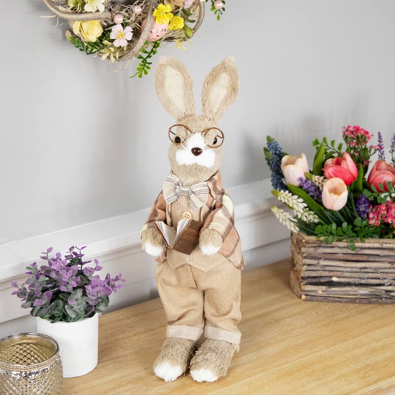 Rustic Boy Rabbit Easter Figure with Book - 16.25" - Beige