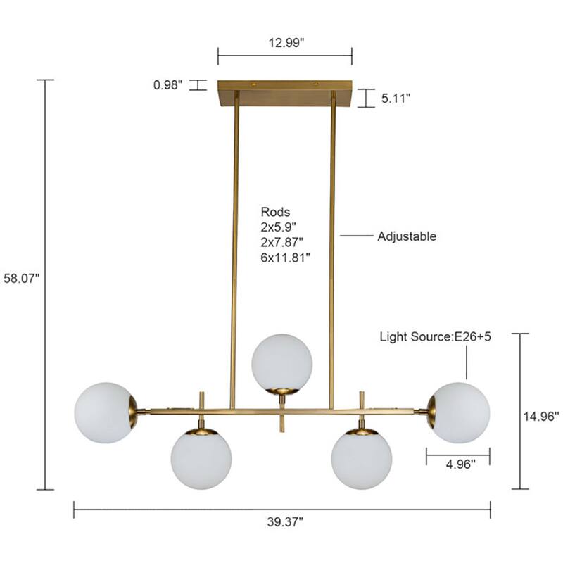 5-Light Modern Black/Gold Linear Glass Globe Opal Chandelier for Kitchen Island - W 39.37" - Gold