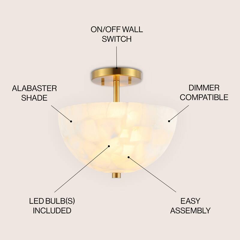 Jules 11.88" 2-Light Modern Alabaster/Iron Inverted Dome LED Semi Flush Mount, White Marbling/Brass Gold by JONATHAN Y