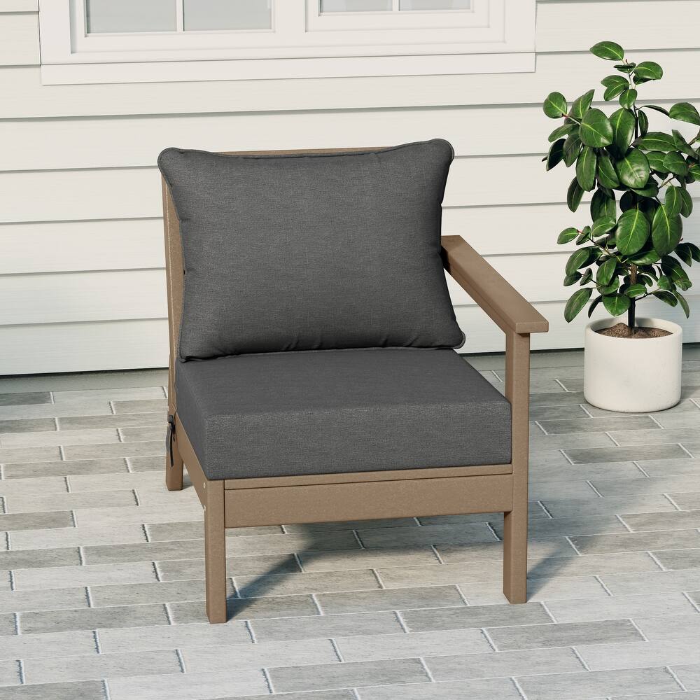 Birchwood All Weather HDPE Outdoor Patio Deep Seating Weathered Wood Right Arm Facing Chair With Cushions (1-Piece)