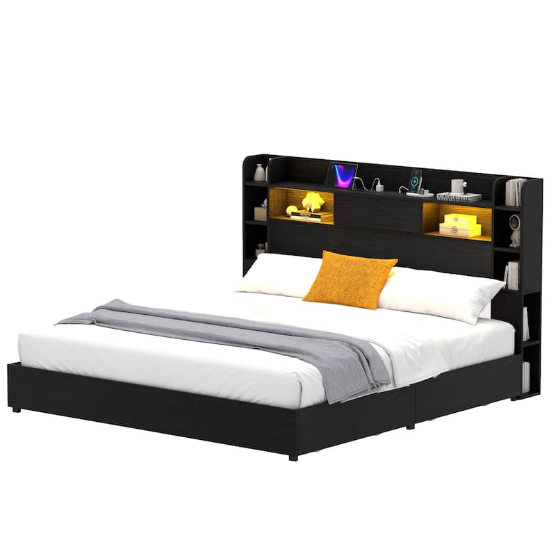 Moasis LED Bed Frame with Bookcase Headboard, 4 Storage Drawers and Type-C USB Charging Station