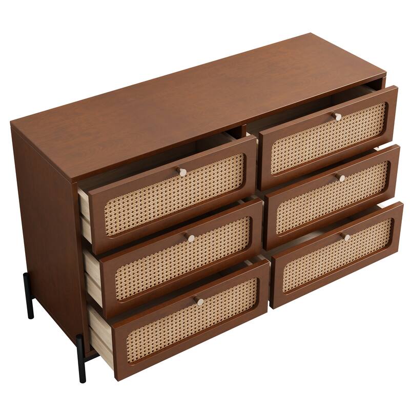 Modern Cannage Rattan Wood Closet 6-Drawer Dresser Wood Storage Cabinet Sideboard for Bedroom, Living Room, Entryway, Hallway