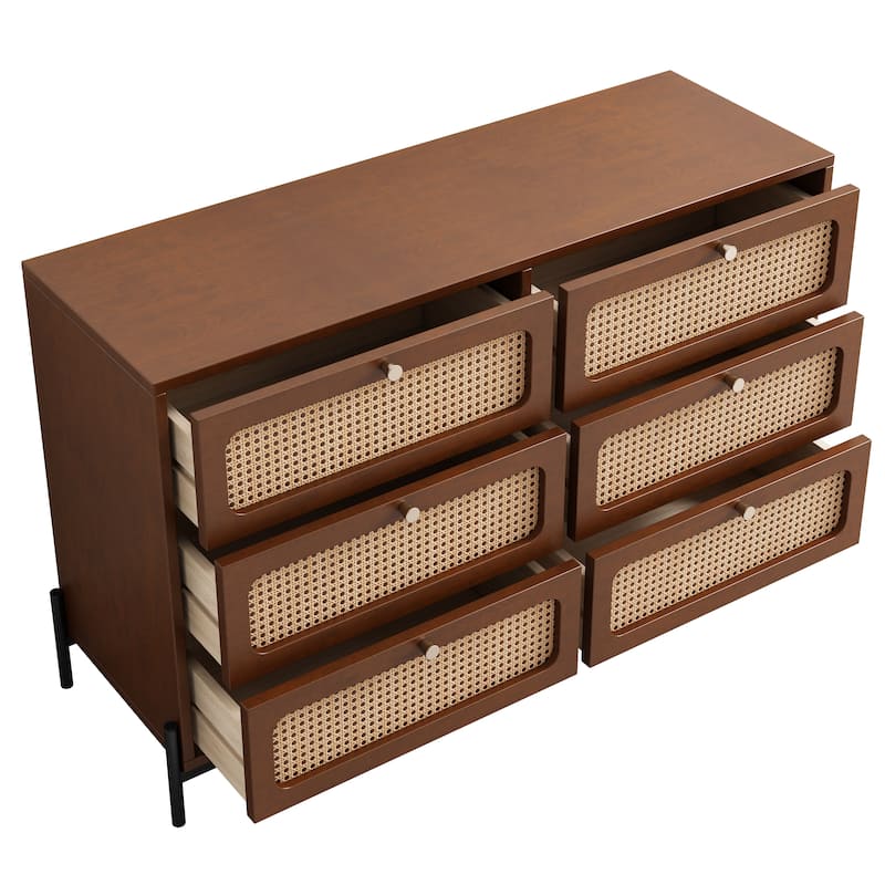 Rattan Dresser for Bedroom with 6 Drawer,Wood Durable Dressers & Chests of Drawers with Metal Legs
