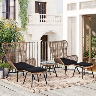 5-Piece Outdoor Patio PE Wicker Conversation Set, Natural Rattan+Dark Gray