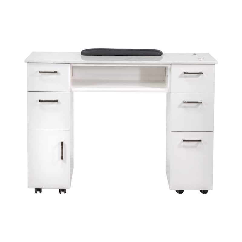 Drexel Manicure Table Nail Station Marble Top Desk, White Tufted Cushion - N/A