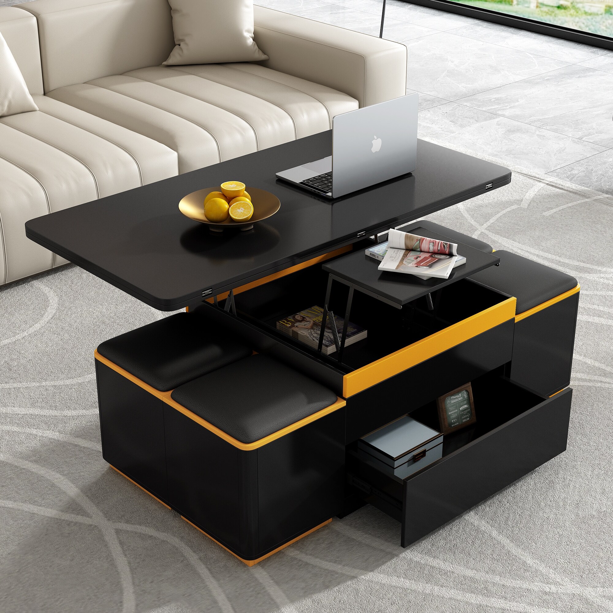 Square Lift-Top Coffee Table Set with Storage \u0026 4 Ottomans Latitude Run, image size:2000x2000