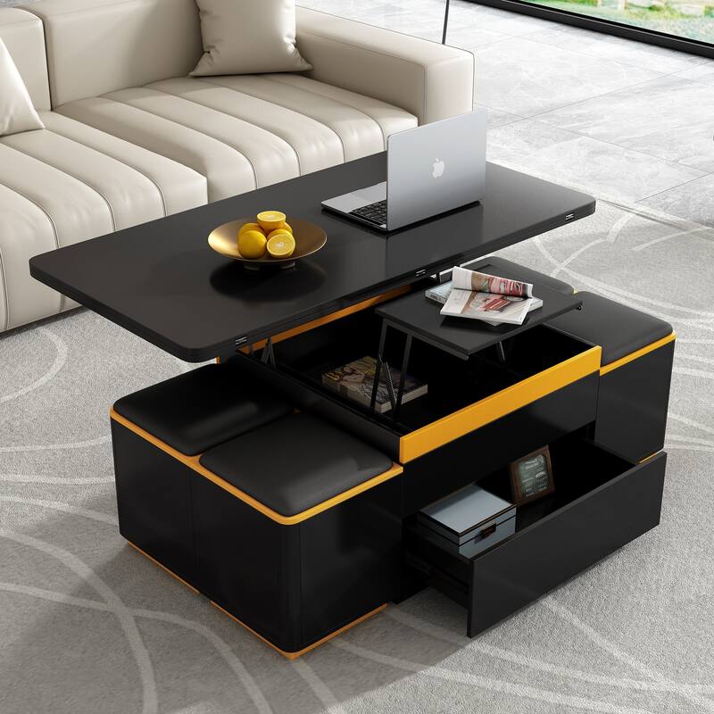Lift-Top Coffee Table with 4 Storage Stools, Modern Space Saving Center Table with Foldable Top - Black