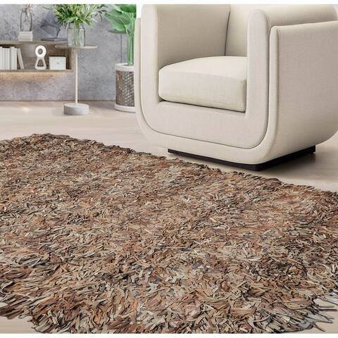 Hand Made Gray,Taupe Shag Leather Modern Oriental Area Rug - 4' x 6' 3''