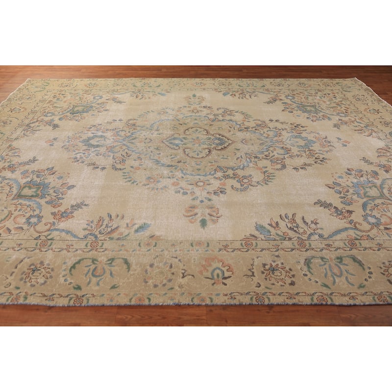 Floral Tabriz Persian Area Rug Beige Bedroom Handmade Wool Carpet - 9'6"x 12'9"