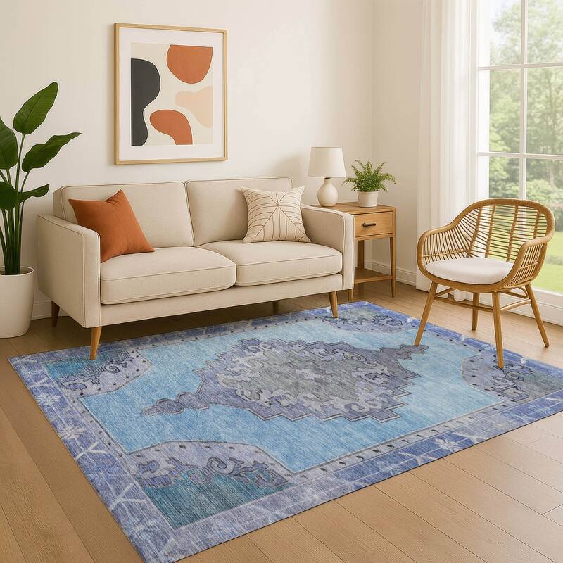 Premium Washable Super Soft Vintage Traditional Mayfield Rug - Blue - 10' x 14'