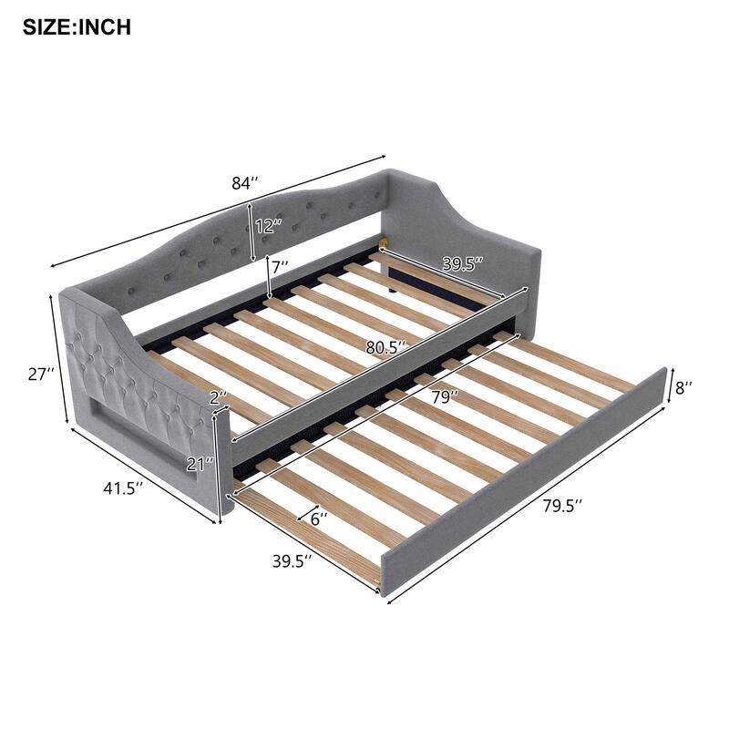 Twin XL Size Upholstered Daybed with Linen Cover Backrest & Trundle, Wood Sofa Bed Frame with LED lighting, No Box Spring Needed
