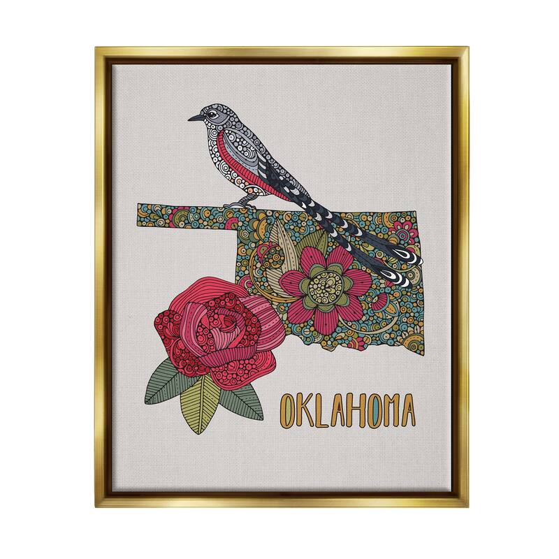 Stupell Oklahoma State Bird & Flower Detailed Floral Pattern Floater Frame, Design by Valentina Harper - 17 x 21 - Gold