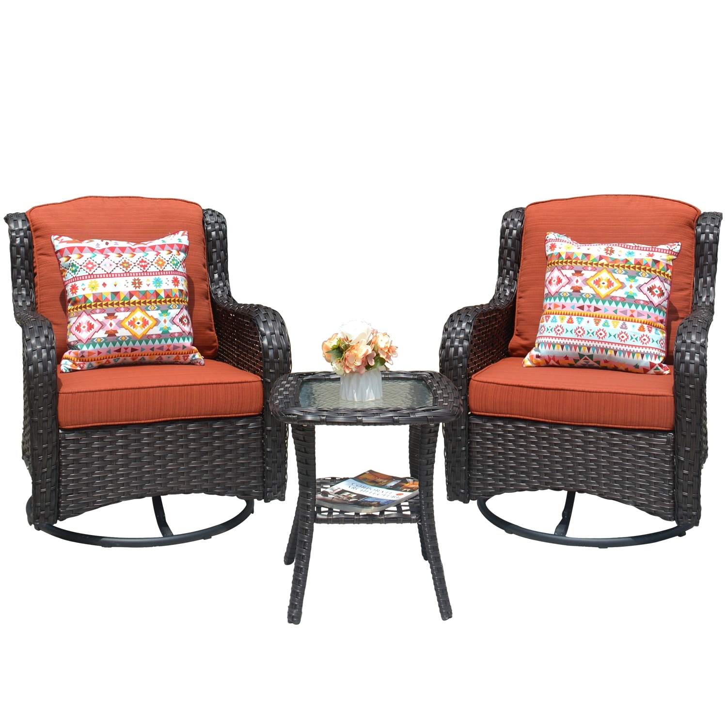 OVIOS 3-piece Patio Wicker Swivel Chair Set-image