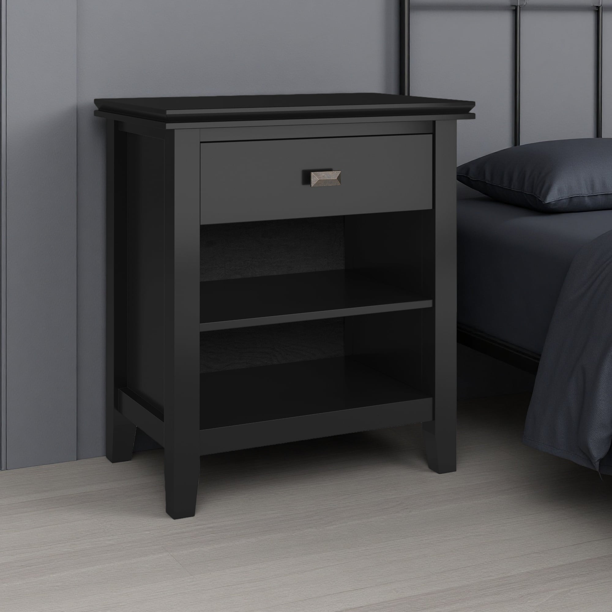 24"L Solid & Engineered Wood Nightstand, 1 Drawer & Open Shelf, Rustic Transitional