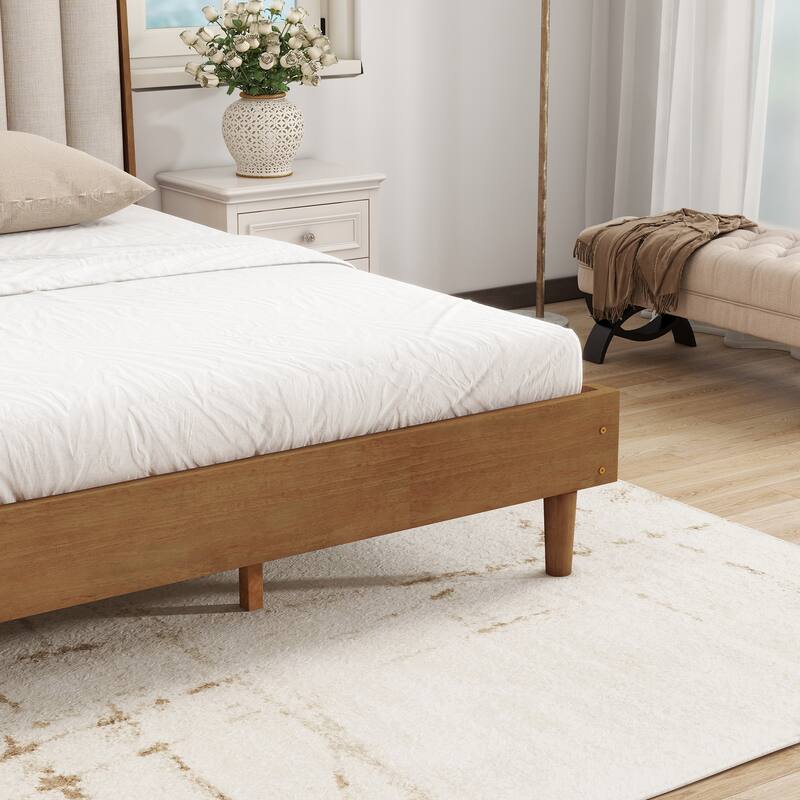 Solid Wood Low Profile Platform Bed Frame with Piano Key Style Upholstered Headboard, No Box Spring Needed