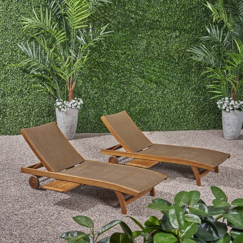 Set of 2 outdoor solid wood deck chairs with pull-out tray and rollers