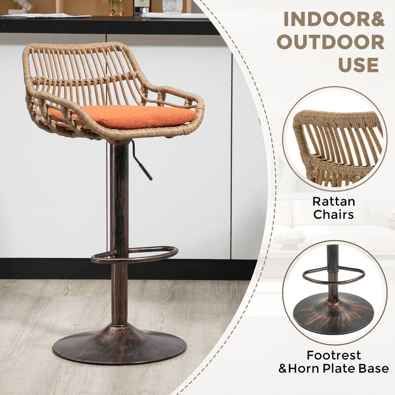 360° Swivel Bar Stools Set of 2, Adjustable Counter Height Chairs with Footrest, Rattan Bar Chairs with Cushions