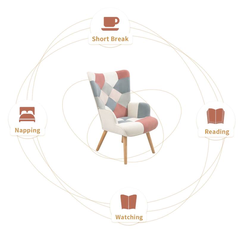Accent Chair with Ottoman, Comfy Side Armchair for Bedroom, Creative Splicing Cloth Surface