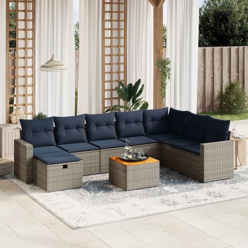 vidaXL Patio Sofa Set with Cushions Outdoor Furniture 9 Piece Poly Rattan - 24.4" x 24.4" x 27.2" - Gray