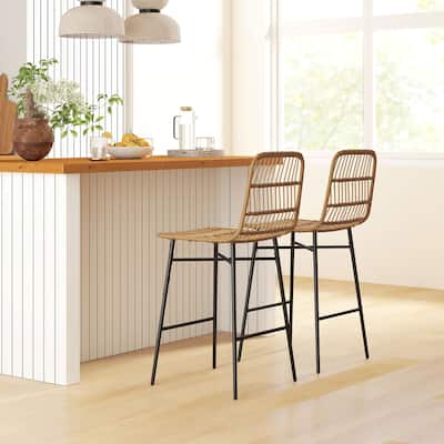 2-Pack Woven Rattan Counter Stools with Steel Legs and Adjustable Feet for Home or Bar Seating - 16.9" W x 22" D x 39.8" H