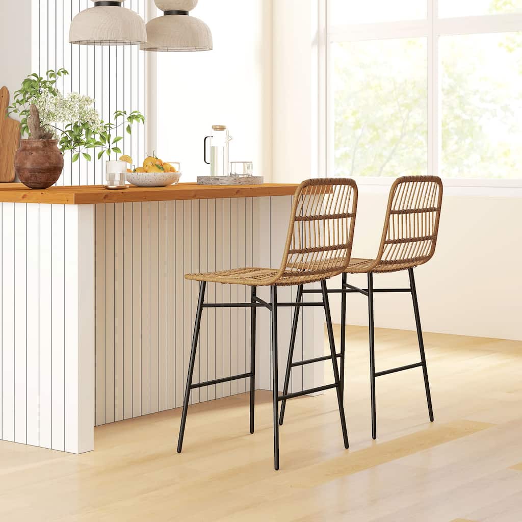2-Pack Woven Rattan Counter Stools with Steel Legs and Adjustable Feet for Home or Bar Seating - 16.9" W x 22" D x 39.8" H