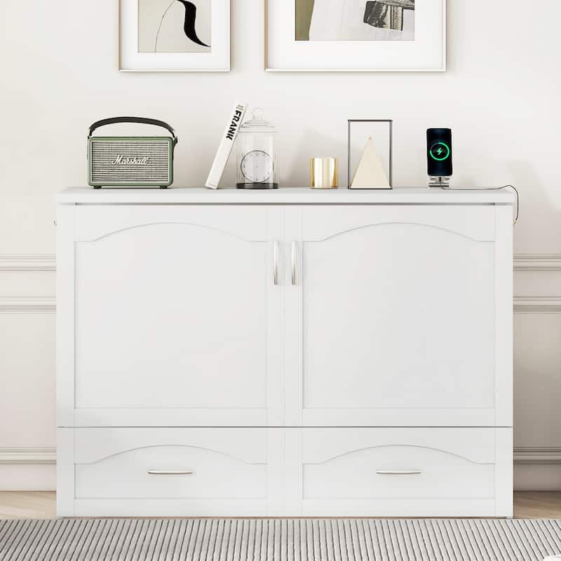 Full Size Murphy Bed Chest Wooden Wall Cabinet Bed with Drawer and Charging Station, Foldable Platform Wall Bed Frame
