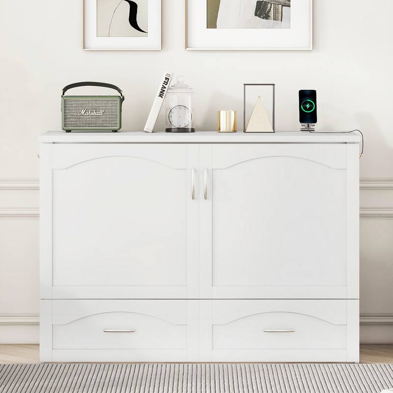 Space-Saving Industrial Murphy Bed Multi-Function Foldable Wall Bed - White - Full