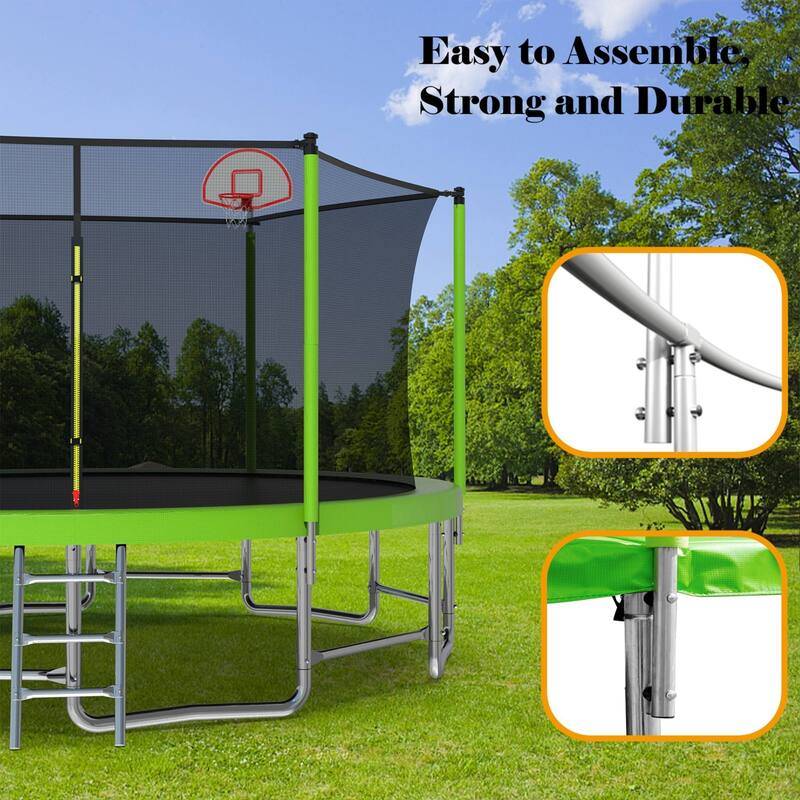Outdoor Kids Trampoline with Basketball Hoop and Ladder, with Safety Enclosure for Backyard Fun