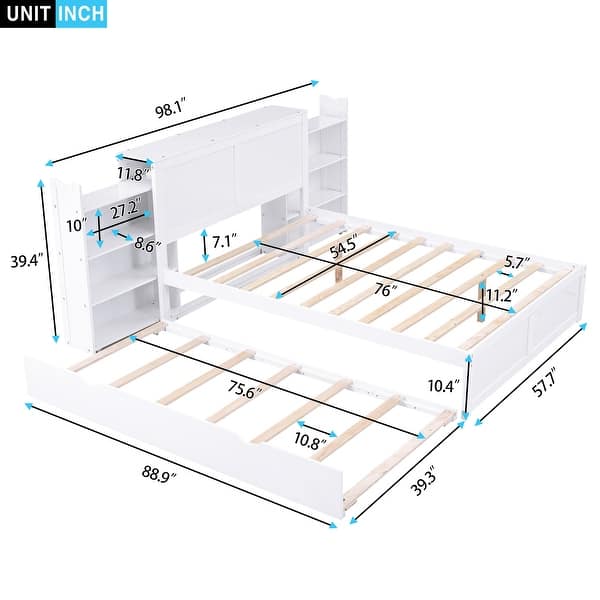 dimension image slide 0 of 2, Frame Twin Trundle, Wood Full Size Platform Bed w/ Pull Out Twin Trundle Bed & Storage Shelves Headboard, No Box Spring Needed